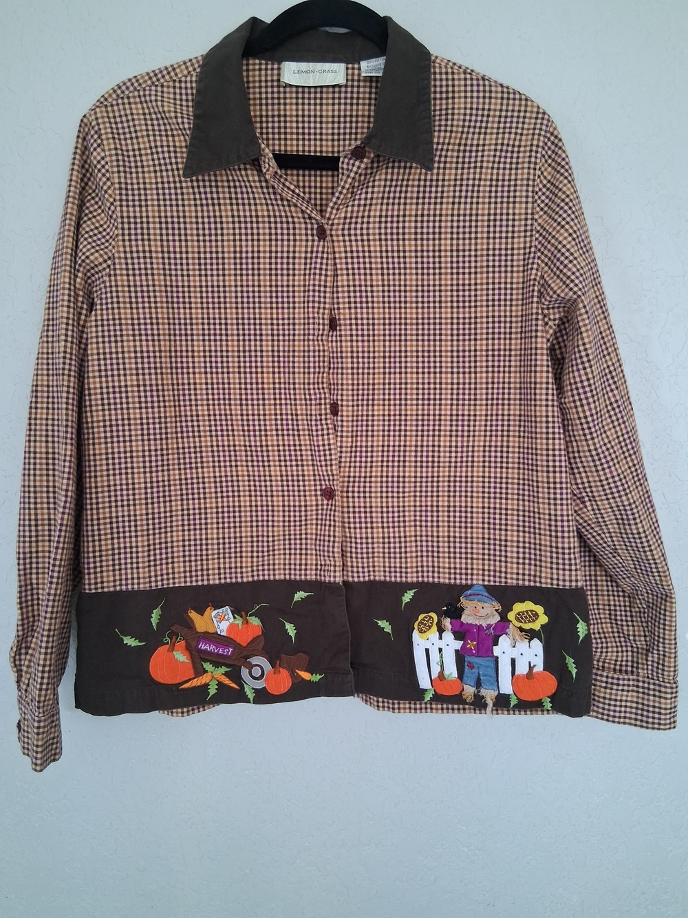 Lemon Grass Vintage Fall Harvest Scarecrow Top Womens L Brown Gingham Button
